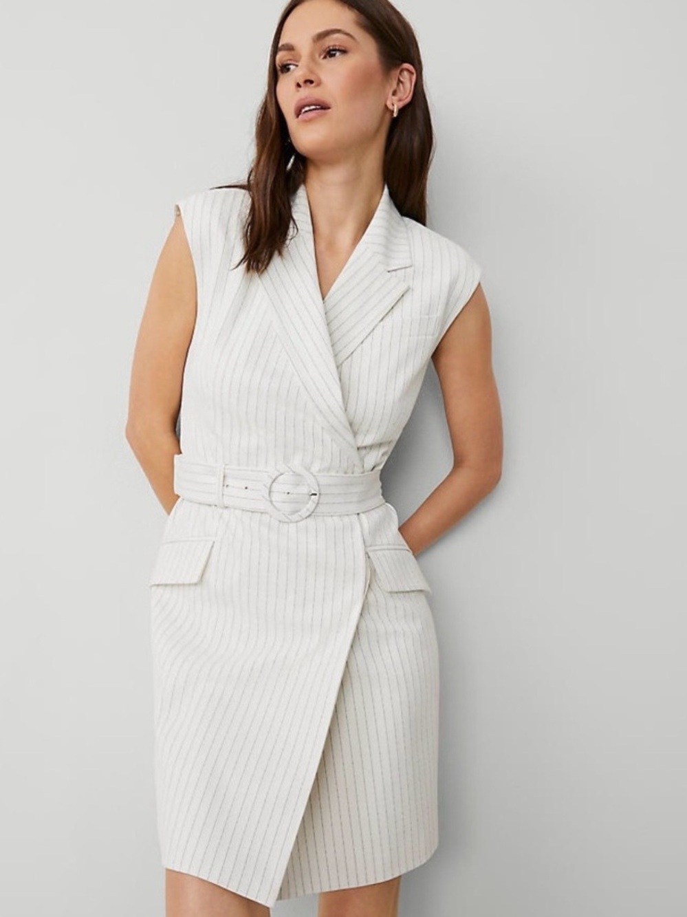 Ann Taylor Cream Pinstripe Sleeveless Belted Mini Dress